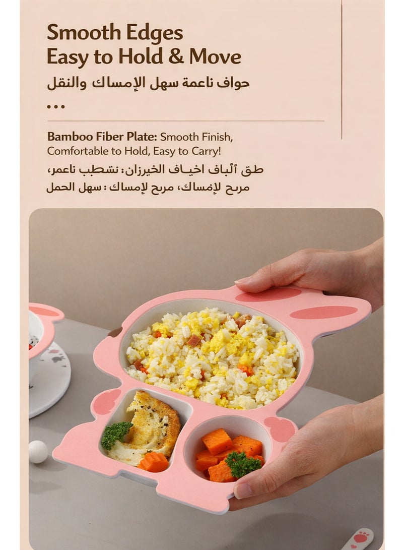 طقم أوعية وأطباق تغذية للأطفال 5 قطع، طقم أدوات مائدة من ألياف البامبو للأطفال، طقم طعام للأطفال الصغار بتصميم أرنب مع طبق مقسم ووعاء وكوب وملعقة وشوكة - Image 5